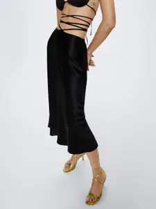 MANGO Women Black Solid A-Line Midi Skirt
