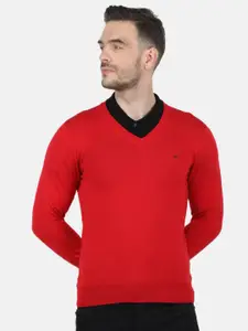 Monte Carlo Men Pure Wool Red Solid V Neck Pullover