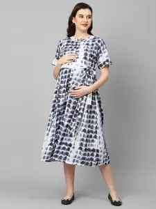 MomToBe Women White & Black Tie and Dye Maternity Midi Nursing Sustainable Dress