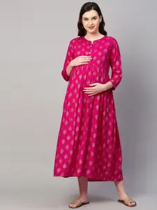 MomToBe Pink Ethnic Motifs Maternity A-Line Midi Nursing Sustainable Dress