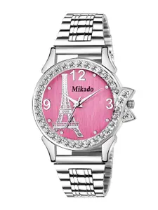 Mikado Women Pink Brass Embellished Dial & Silver Toned Stainless Steel Bracelet Style Straps Analogue Watch