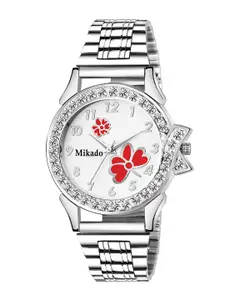 Mikado Women Silver-Toned Brass Embellished Dial & Silver Toned Stainless Steel Bracelet Style Straps Watch