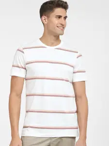 SELECTED Men White & Peach Striped Organic Cotton T-shirt