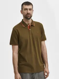SELECTED Men Green Polo Collar Organic Cotton T-shirt