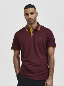 SELECTED Men Maroon & Yellow Typography Polo Collar T-shirt
