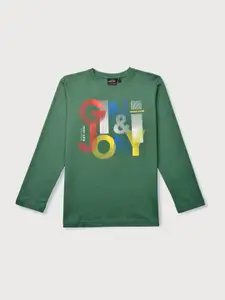 Gini and Jony Boys Green Typography Printed Applique T-shirt