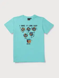 Gini and Jony Boys Blue Typography Printed Applique T-shirt