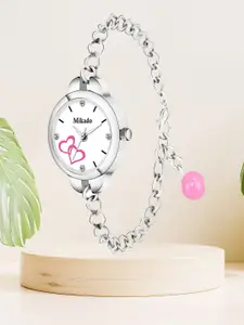 Mikado Women White Brass Printed Dial & Silver Toned Stainless Steel Bracelet Style Straps Analogue Watch Pink Chain Watch-Pink