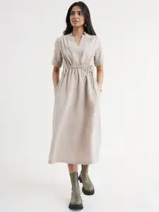 FableStreet Women Beige Linen Formal Fit and Flare Midi Dress