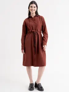 FableStreet Brown Solid Linen Shirt Dress