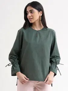 FableStreet Olive Green Keyhole Neck Tie Up Sleeve Top