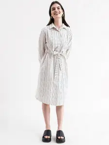 FableStreet White Striped Linen Formal Shirt Dress