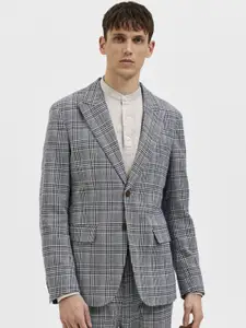 SELECTED Men Grey & Navy Blue Checked Single Breasted Slim Fit Blazers