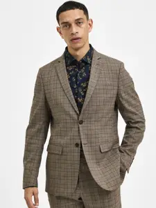SELECTED Men Brown Checked Single-Breasted Slim-Fit Formal Blazer