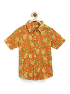 Tiber Taber Kids-Boys Orange Floral Printed Casual Shirt