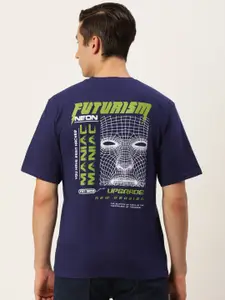 Maniac Men Navy Blue & Green Typography Printed T-shirt