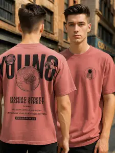 Maniac Men Pink & Black Pure Cotton Typography  Printed T-shirt