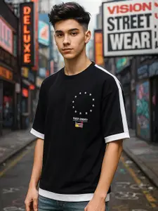 Maniac Men Black Pure Cotton Typography Printed Drop-Shoulder Sleeves T-shirt