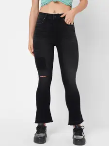 Pepe Jeans Women Black Flared High-Rise Mildly Distressed Jeans