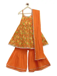 Tiber Taber Girls Orange Printed Pleated Pure Cotton Kurti with Skirt & With Dupatta