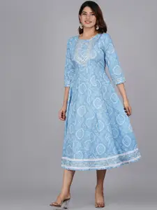 KALINI Blue Ethnic Motifs Ethnic Midi Dress