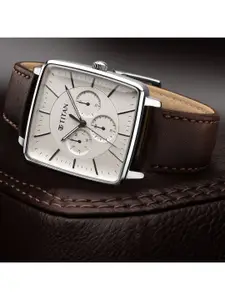 Titan Men Silver-Toned Dial & Beige Leather Straps Analogue Watch