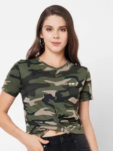 Pepe Jeans Women Green Camouflage Printed T-shirt