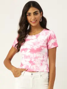 BROOWL White & Pink Tie and Dye Crop Top