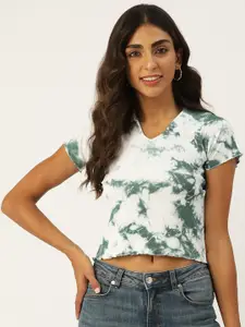 BROOWL Women Teal Green & White Tie and Dye Crop Top