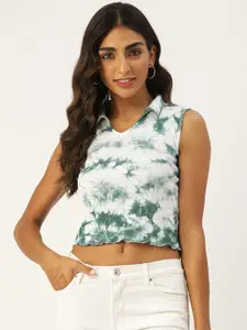 BROOWL Women Teal Green & White Tie and Dye Crop Top