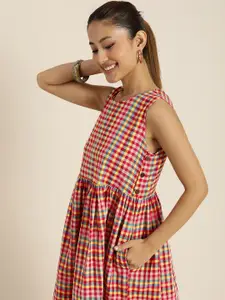 Taavi Gamcha Handloom Woven Legacy Pure Cotton Checked A-Line Midi Dress