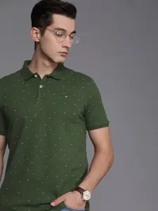 Louis Philippe Men Olive Green Printed Polo Collar Slim Fit T-shirt
