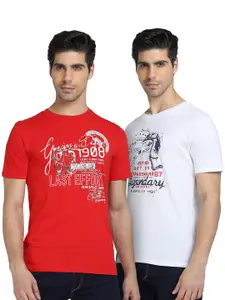 DYCA Men Pack of 2 Red & White Printed Cotton T-shirts