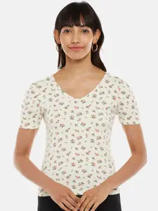 Honey by Pantaloons Women Off White & Green V-Neck Printed Top