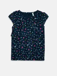 Pantaloons Junior Girls Navy Blue Printed Cotton Knitted Top