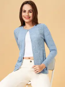 Honey by Pantaloons Women Blue Self Design Open Front Sweater
