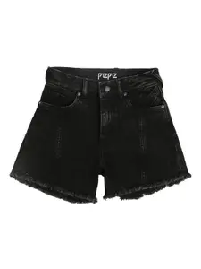 Pepe Jeans Girls Black High-Rise Denim Shorts