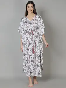 DUSK ATTIRE Women White Printed Maxi Kaftan Nightdress
