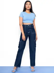 FREAKINS Women Blue Straight Cargo Mildly Distressed Light Fade Jeans