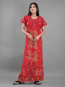 Apratim Women Red Printed Maxi Nightdress