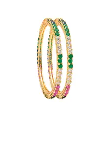 Shining Jewel - By Shivansh Set Of 2 Gold-Plated Green & Pink Stone Studded Bangle