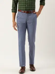 Peter England Men Blue Textured Slim Fit Formal Trousers