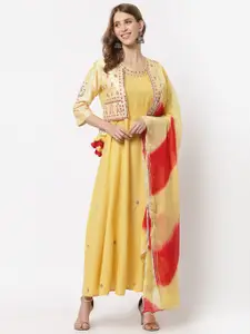 YELLOW CLOUD Yellow Maxi Dress with Jacket, Inner & Dupatta