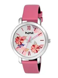 HYMT Women White Printed Dial & Pink Leather Straps Analogue Watch