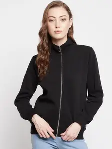 Madame Madame Women Black Solid Front-Open Sweatshirt