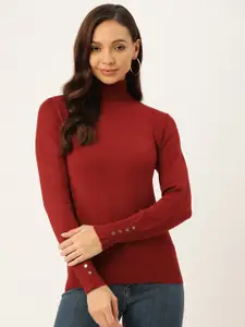 Madame Women Maroon Turtle Neck Solid Pullover