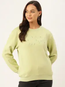 Madame Women Lime Green Brand Logo Printed Embellished Detail Sweatshirt