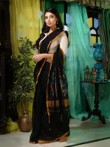 Charukriti Black & Gold-Toned Woven Design Zari Pure Cotton Saree