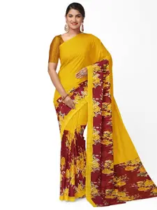 SAADHVI Yellow & Maroon Floral Pure Georgette Fusion Dharmavaram Saree