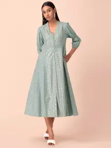 Rang by Indya Women teal Printed A-Line Midi Dresses